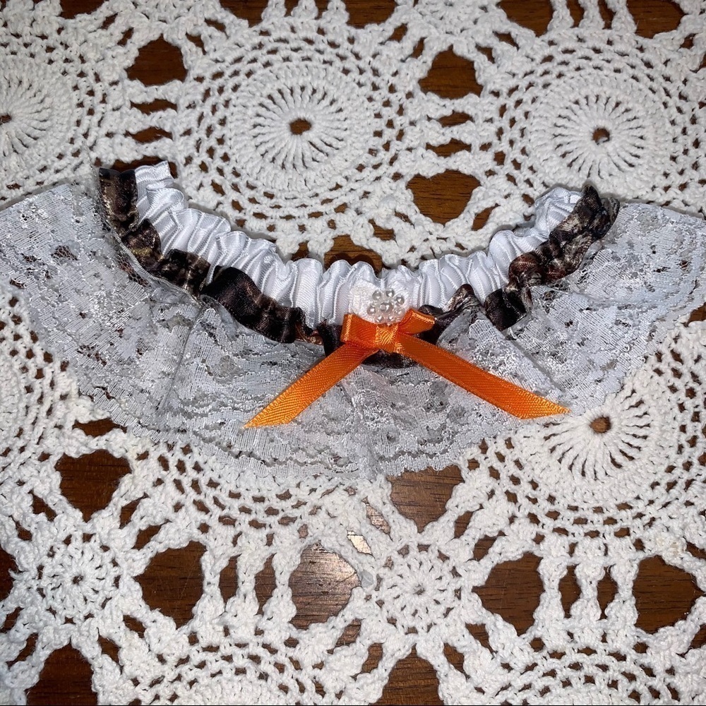 White Lace & Camo Garter w/ Orange Bow